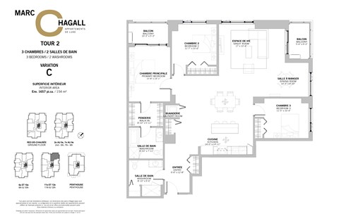 Floor plan for 3 beds, 2 baths, 1657 sqft